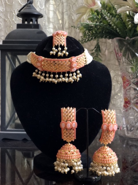 Kundan set pink with jhumkas