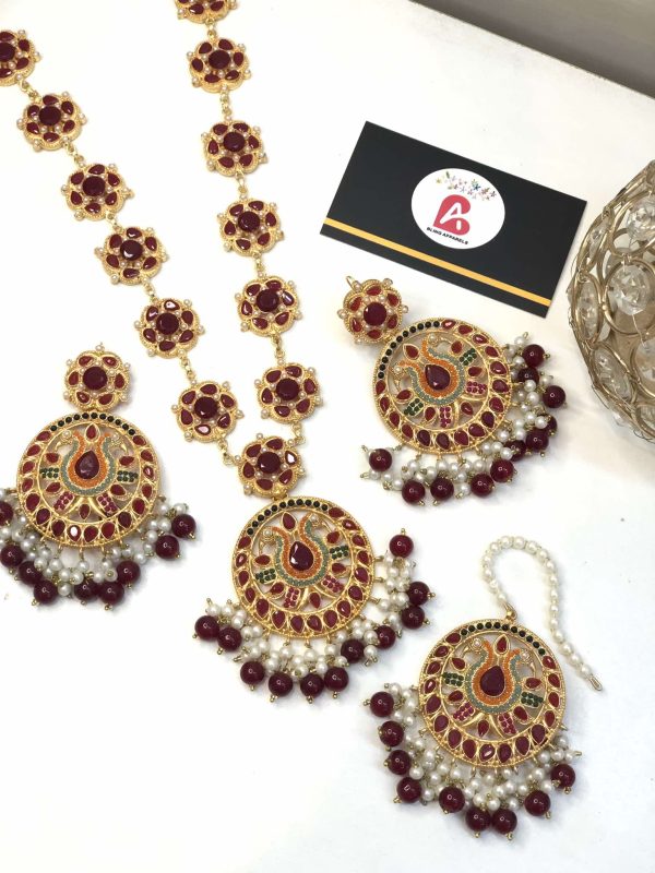 Royal kundan mala with earrings and bindya maroon