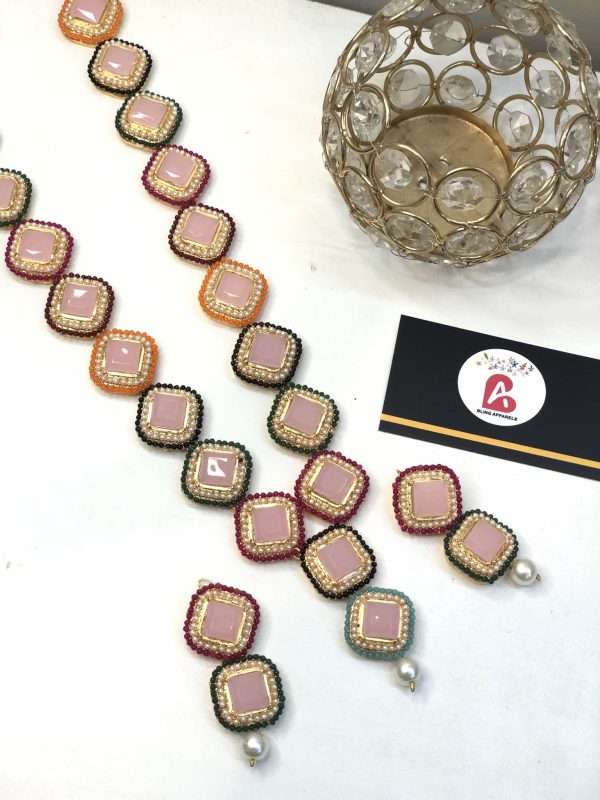 Royal stone mala with earrings pink