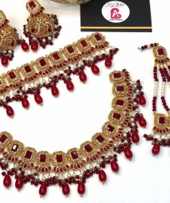 Embellished mehroon double necklace set