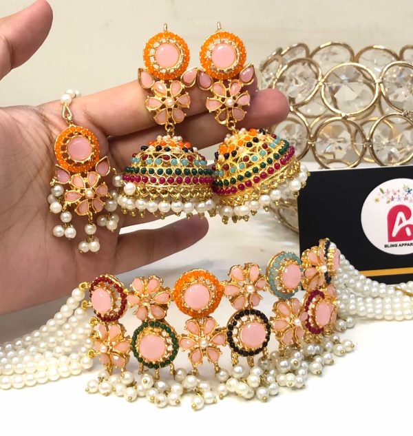 Pink nauratan earrings and choker