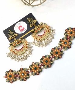 Nauratan earrings and choker set green
