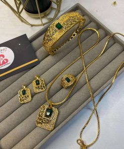 Gold plated mala, earring s, kara and ring set green
