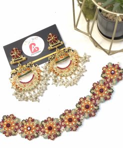 Nauratan earrings and choker set mehroon