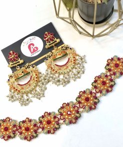 Nauratan earrings and choker set ruby