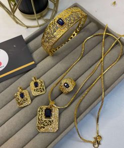 Gold plated mala, earring s, kara and ring set blue