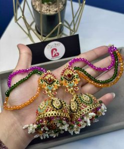 Multi jhumkas with saharay mehroon
