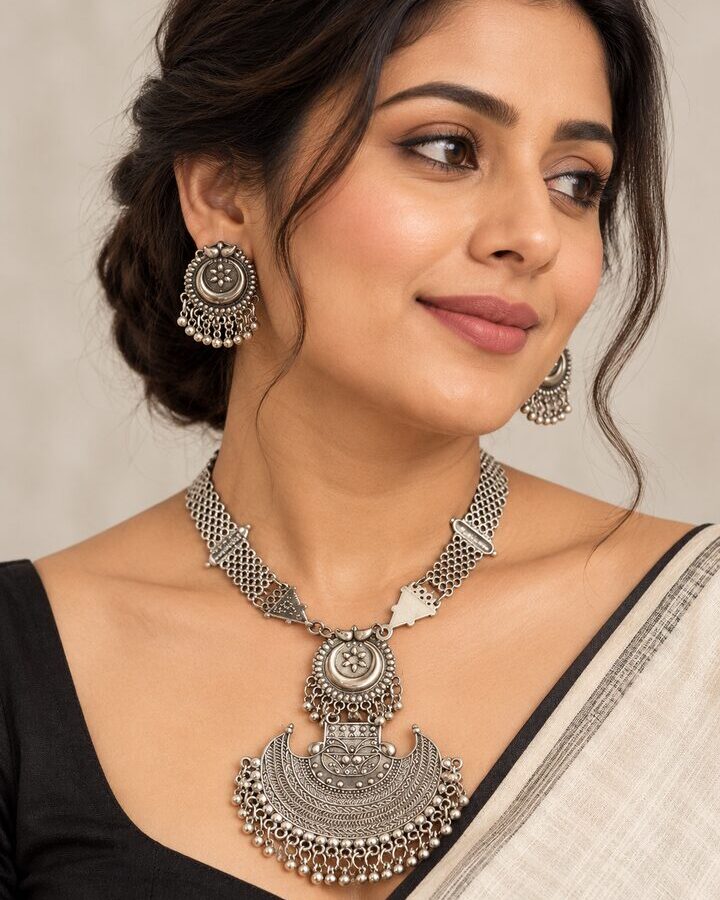 Silver Oxidised Mala Set worn view