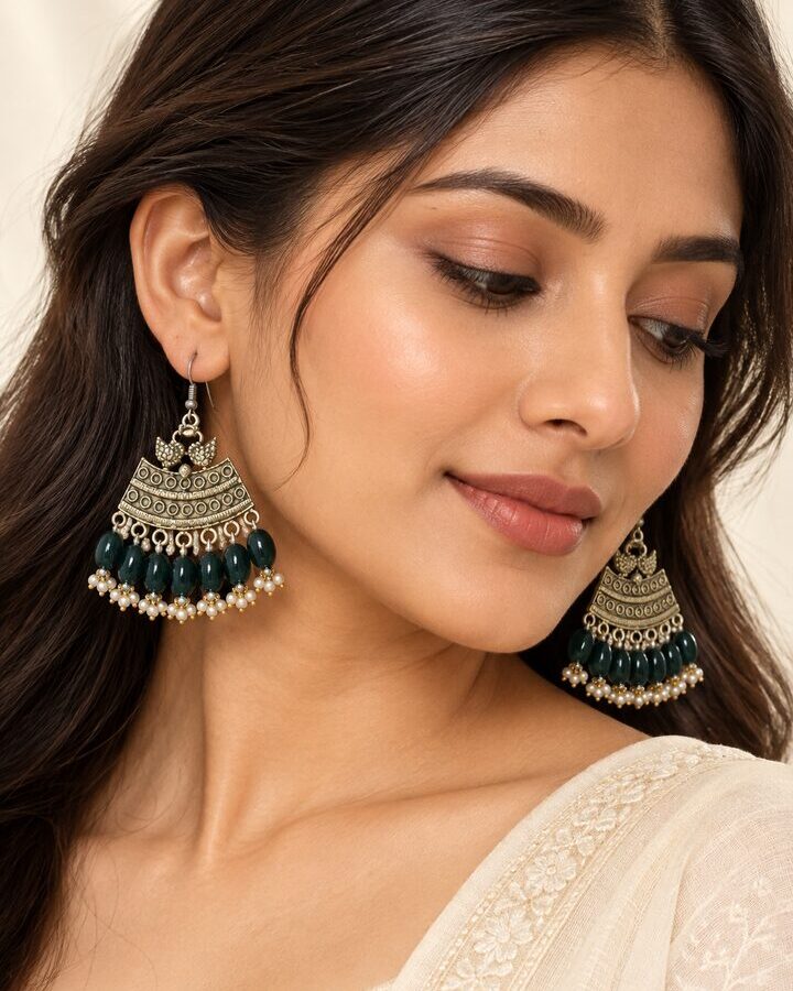 Green Oxidised Earrings worn view