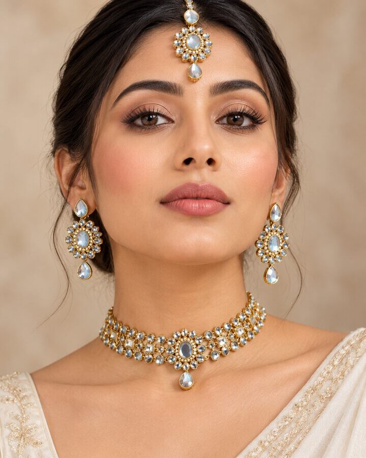 White Kundan Jewellery Set worn view