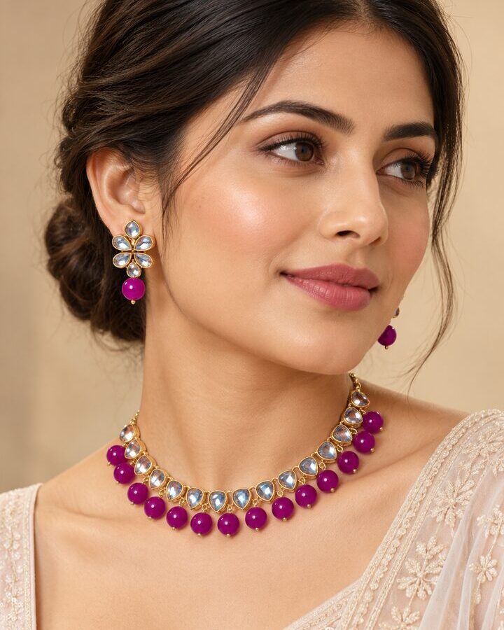 Hot Pink and Pink Kundan Necklace Set worn view