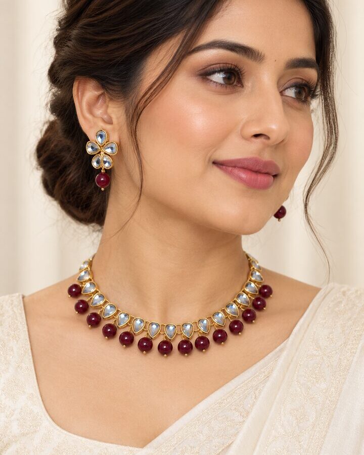 Maroon Kundan Jewellery Set worn view
