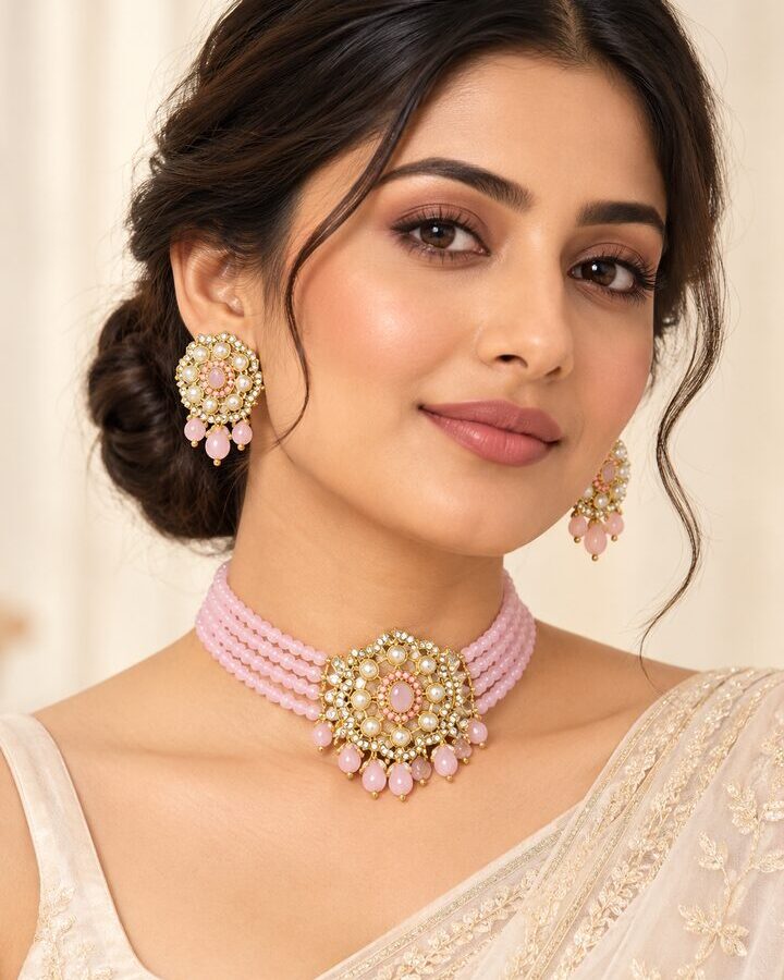 Pink Embellished Jewellery Set worn view