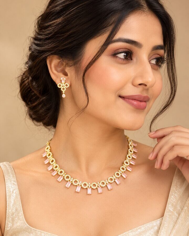 Pink American Diamond Jewellery Set worn view