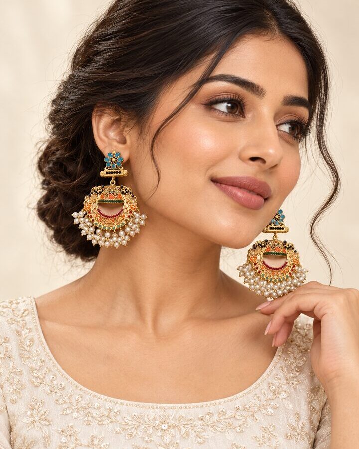 Blue Nauratan Jhumka Earrings worn view