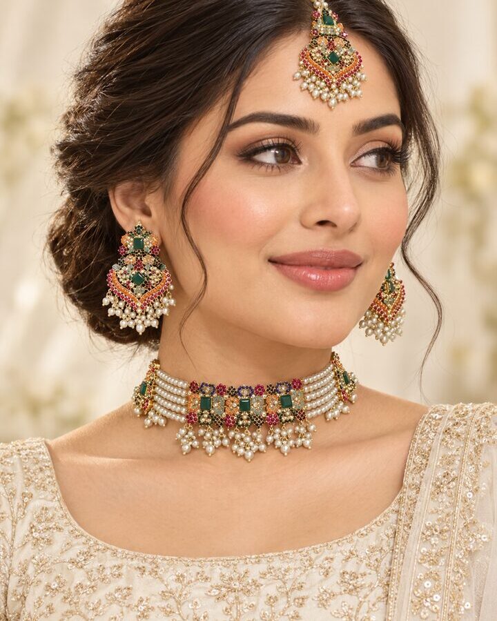 Green Nauratan Choker Set worn view