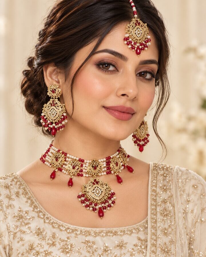 Red Embellished Choker Set worn view