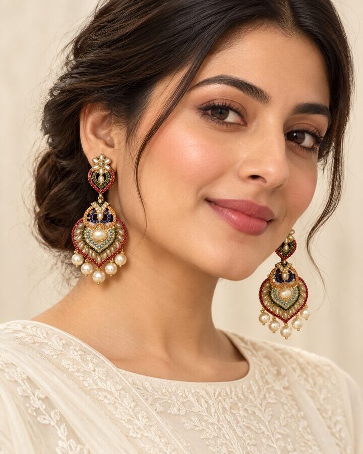 Pearl Nauratan Jhumka Earrings worn view