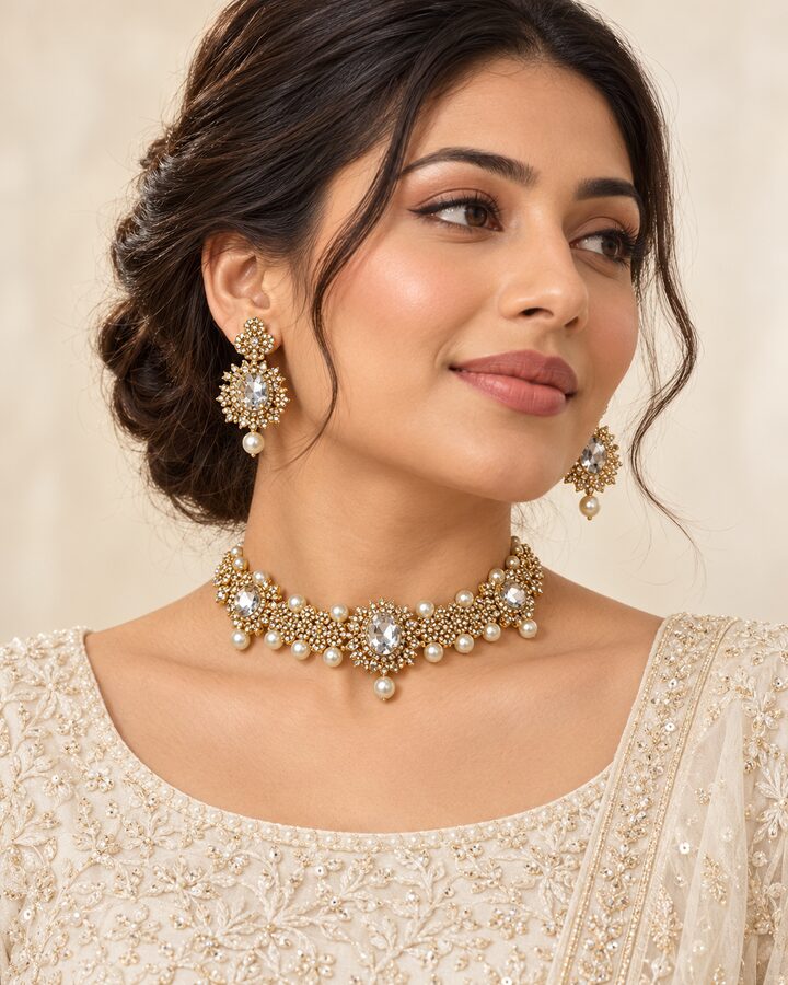 White Embellished Jewellery Set worn view