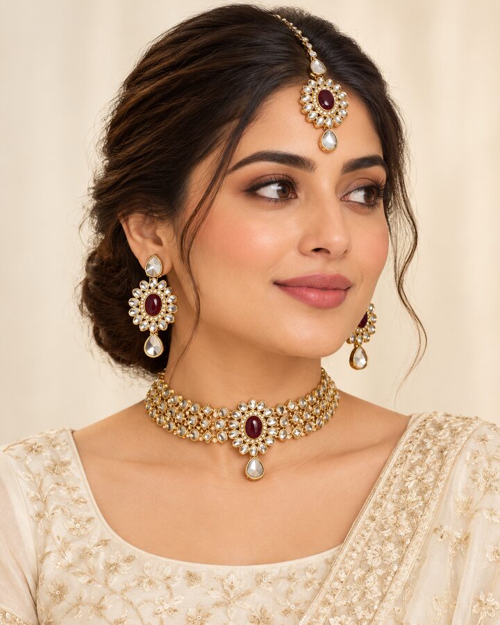 Maroon Kundan Choker Set worn view