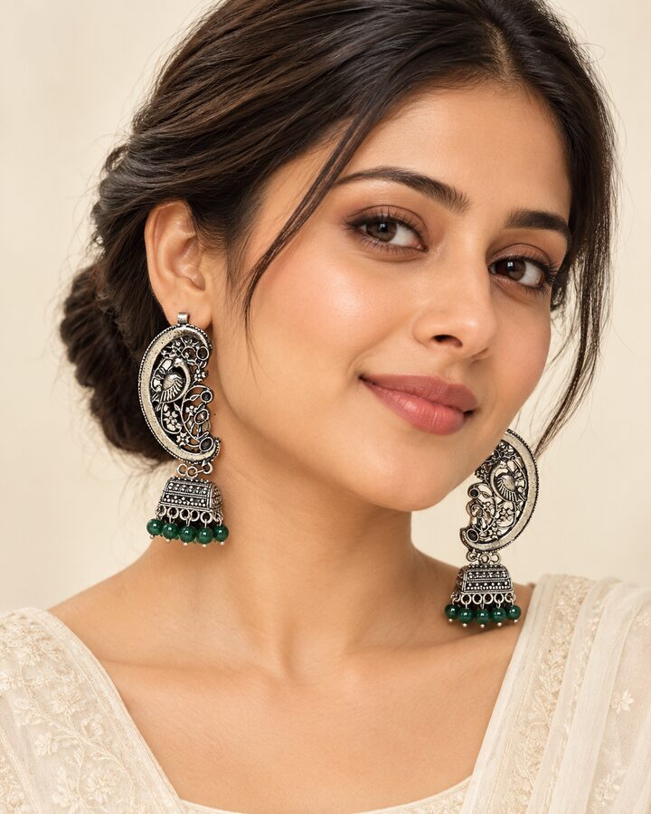 Green Oxidised Earrings worn view