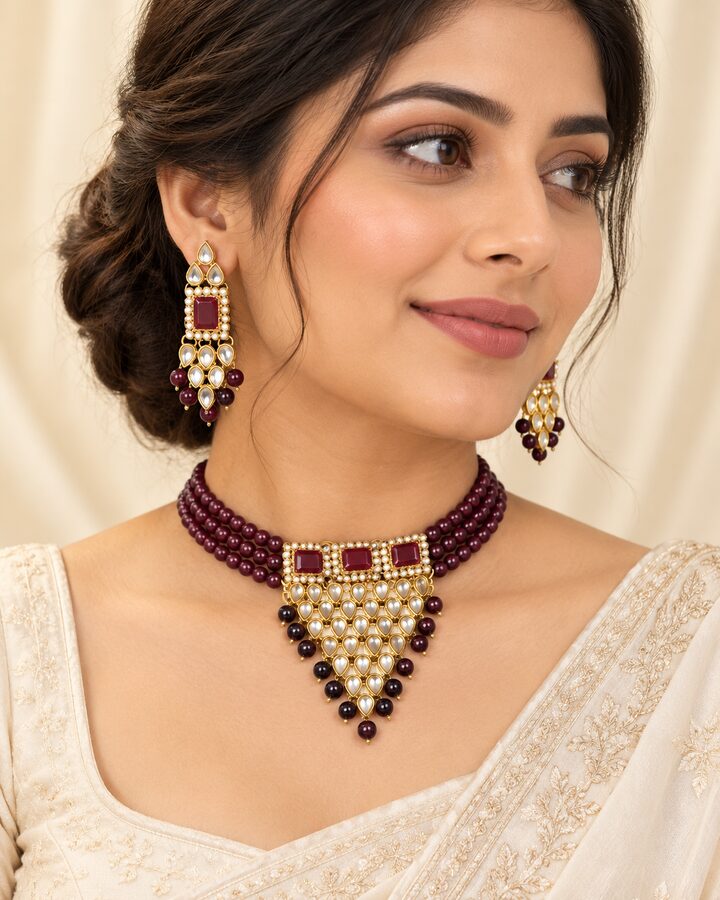 Maroon Kundan Jewellery Set worn view