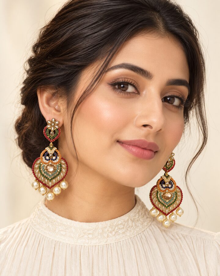 Champagne Nauratan Jhumka Earrings worn view