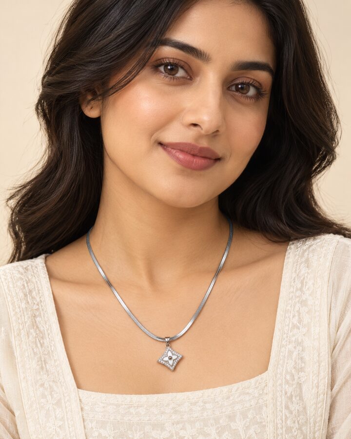 Silver Stainless Steel Pendant Set worn view