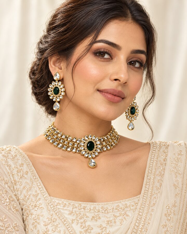 Green Kundan Choker Set worn view