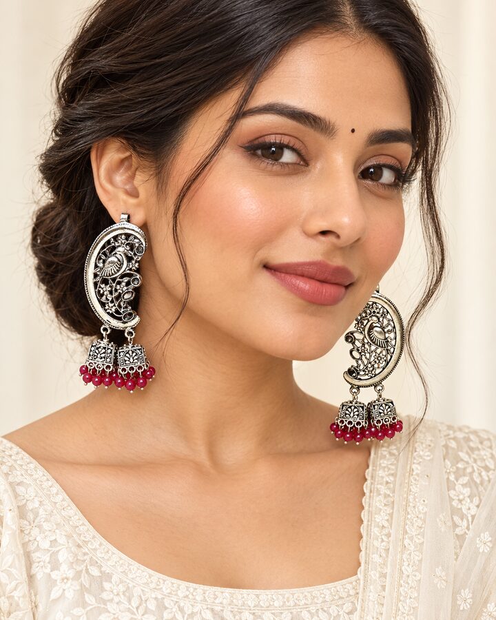 Red Oxidised Earrings worn view
