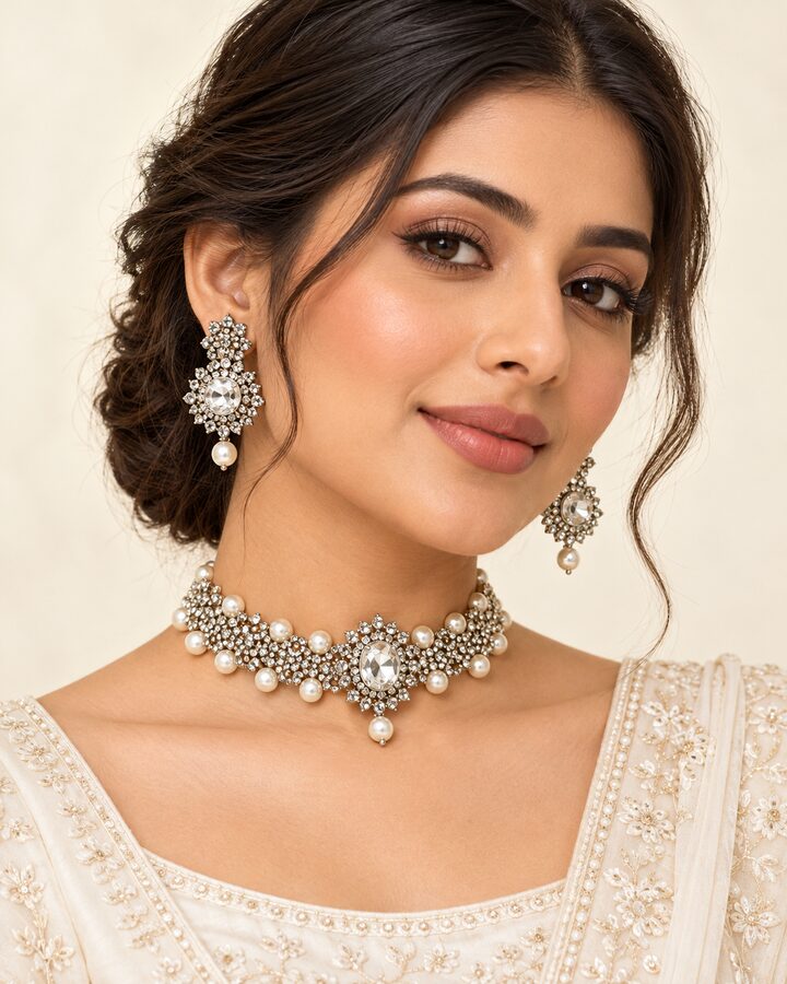 White Embellished Jewellery Set worn view