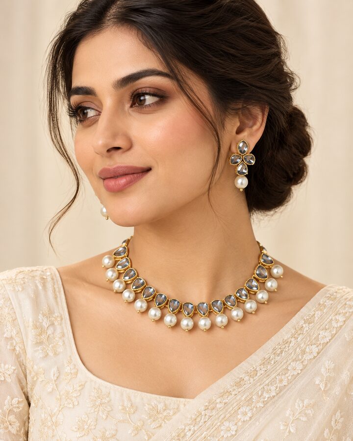 Pearl Kundan Necklace Set worn view
