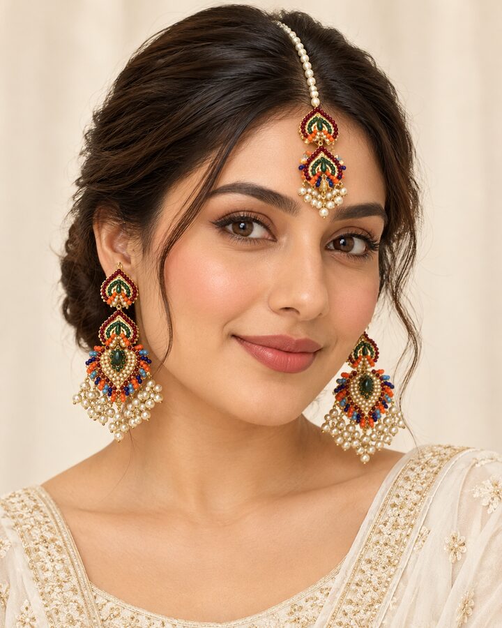 Nauratan Jhumka Bindiya Set worn view
