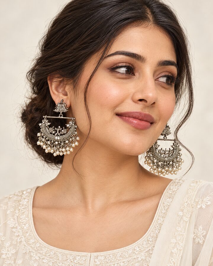 Silver Jhumka Earrings worn view