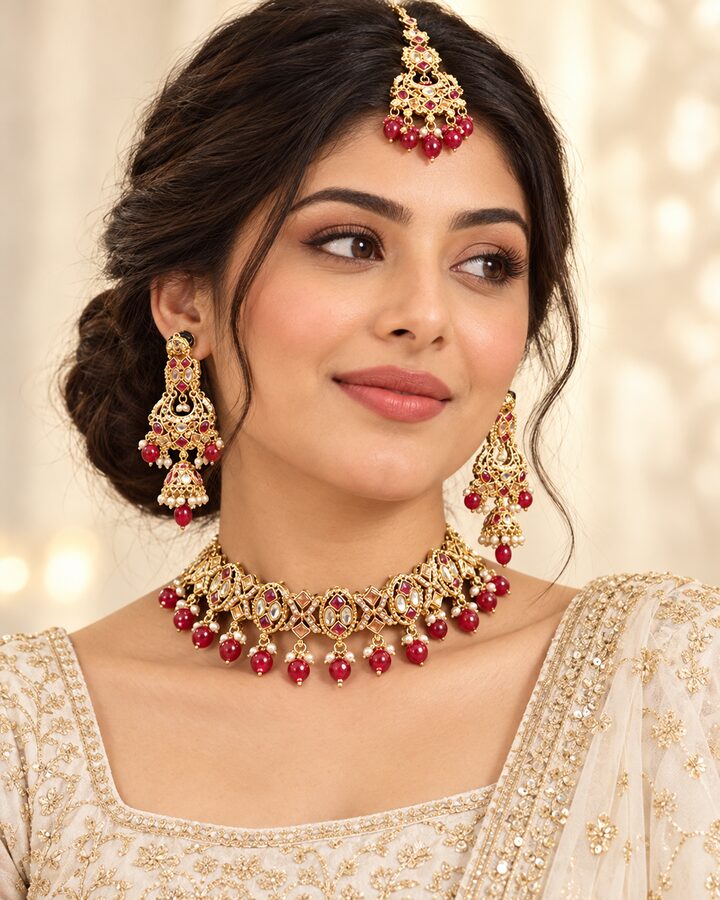 Red Kundan Choker Set worn view