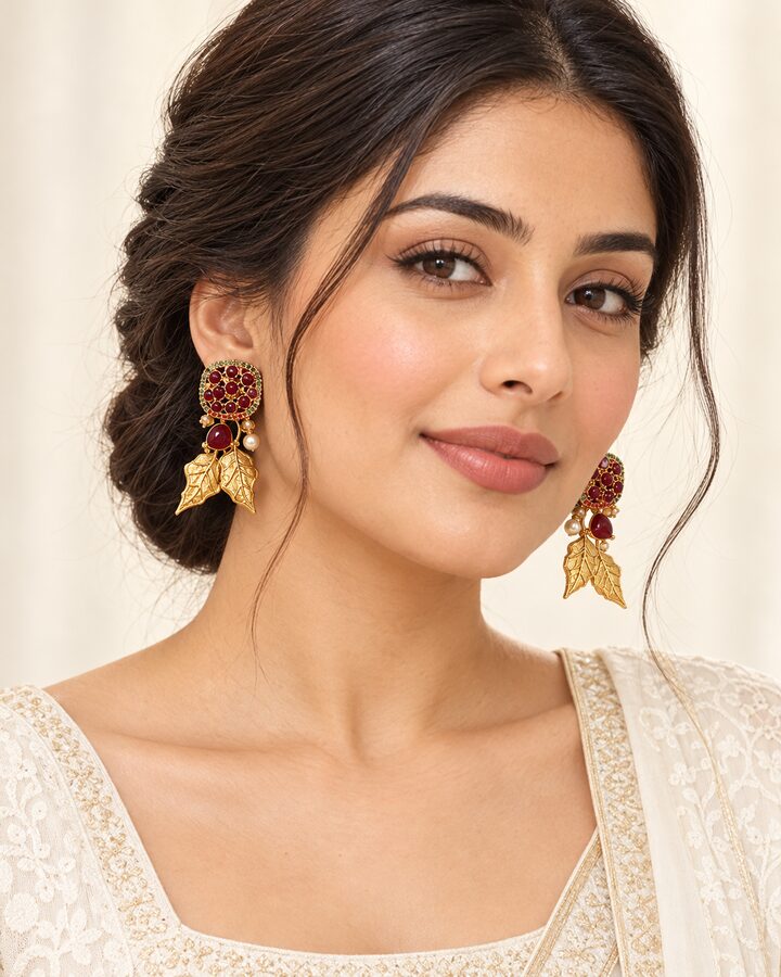 Maroon Stud Earrings worn view