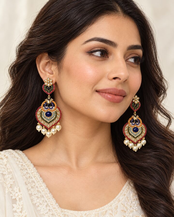 Blue Nauratan Jhumka Earrings worn view