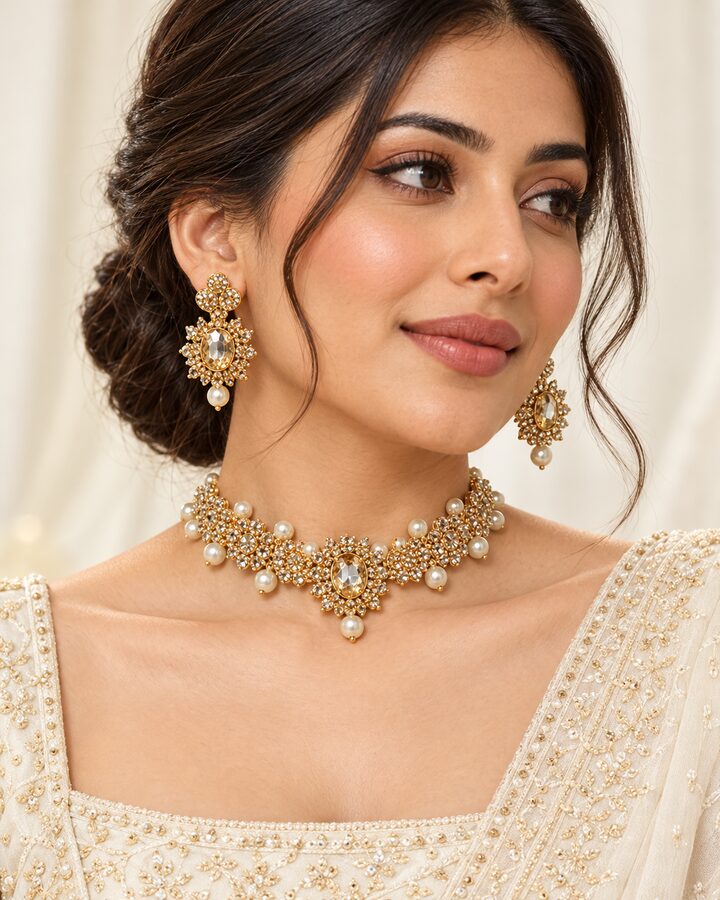 Champagne Embellished Jewellery Set worn view