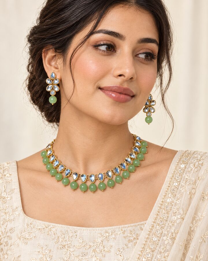 Mint Kundan Jewellery Set worn view