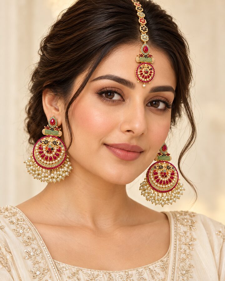 Ruby Nauratan Jhumka Bindiya Set worn view