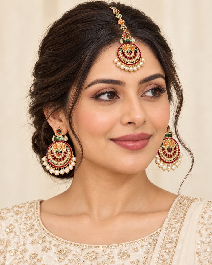 Maroon Nauratan Jhumka Bindiya Set worn view