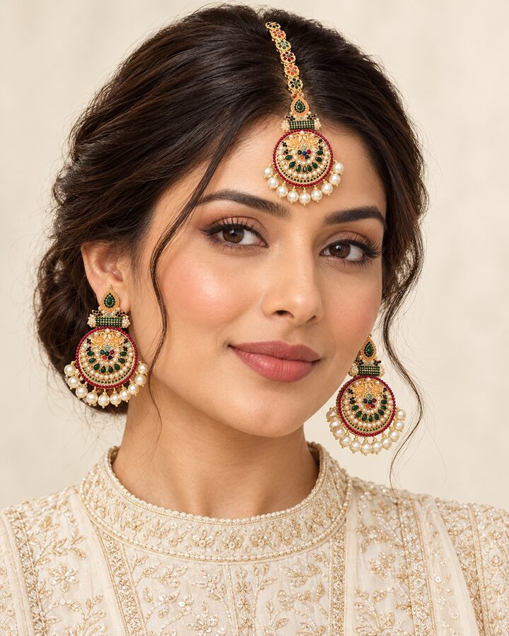 Green Nauratan Jhumka Bindiya Set worn view