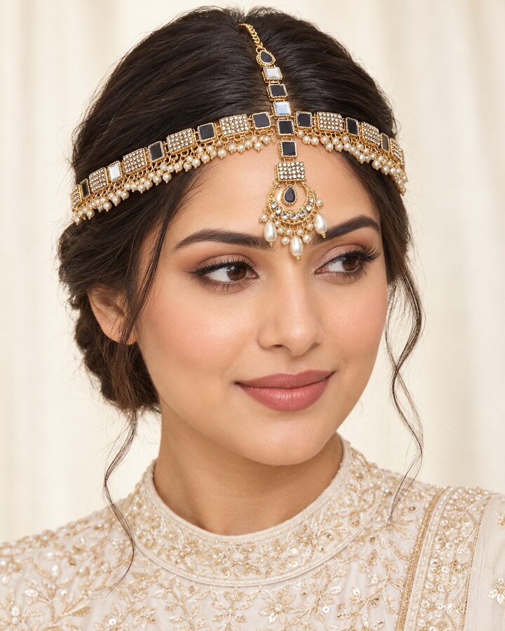 Golden Kundan Matha Patti worn view