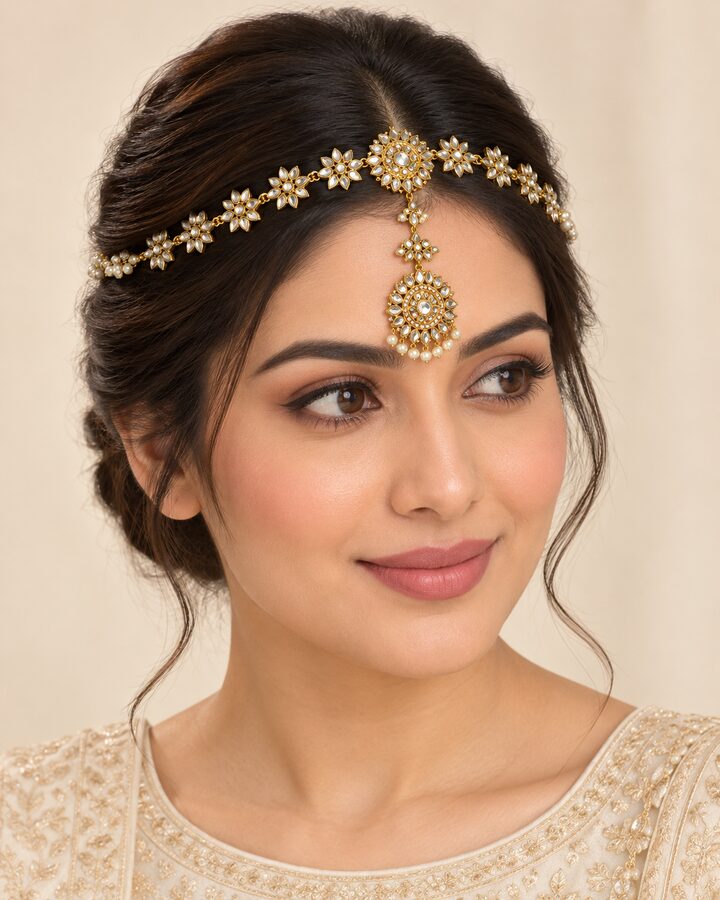 Golden Kundan Matha Patti worn view