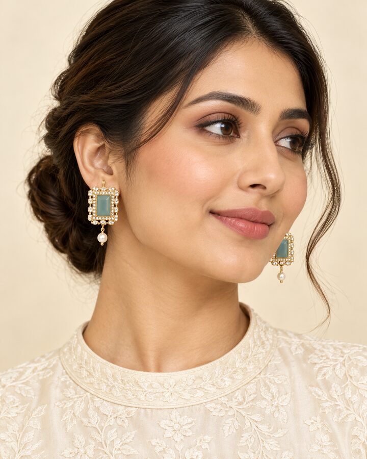 Mint and Blue Embellished Earrings worn view