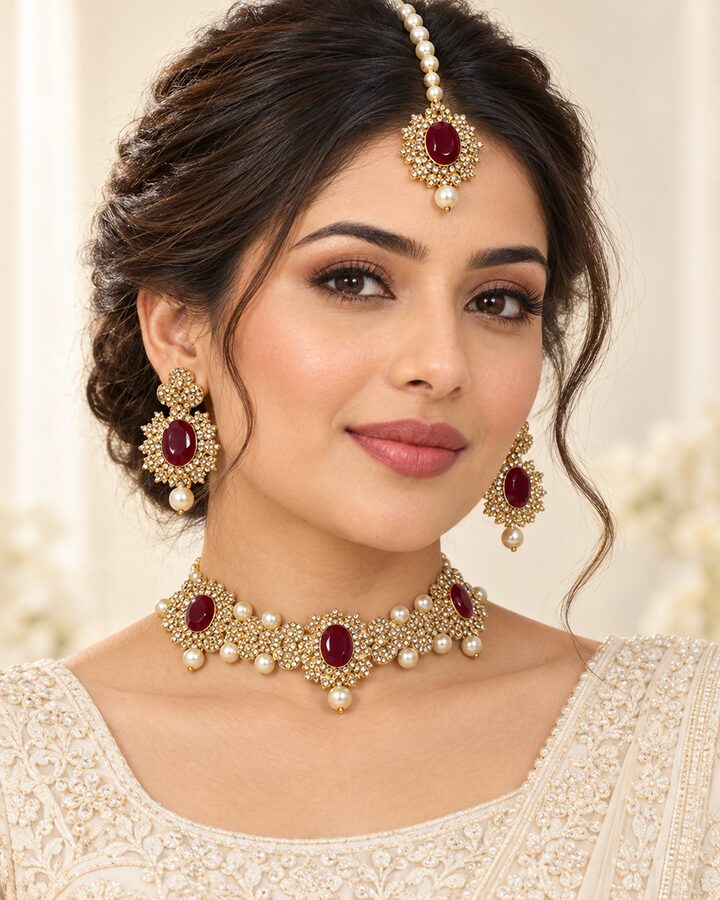 Maroon Embellished Jewellery Set worn view