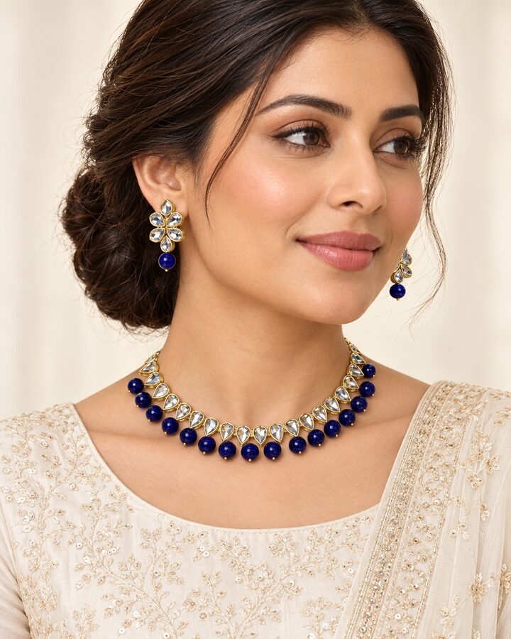 Blue Kundan Jewellery Set worn view