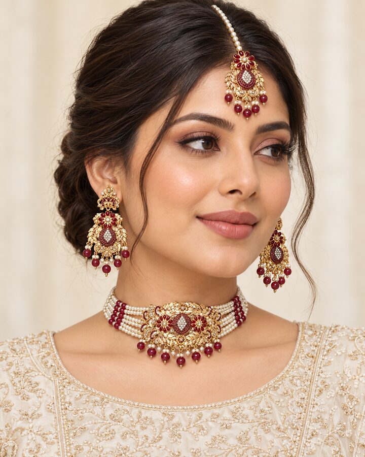 Maroon Embellished Jewellery Set worn view