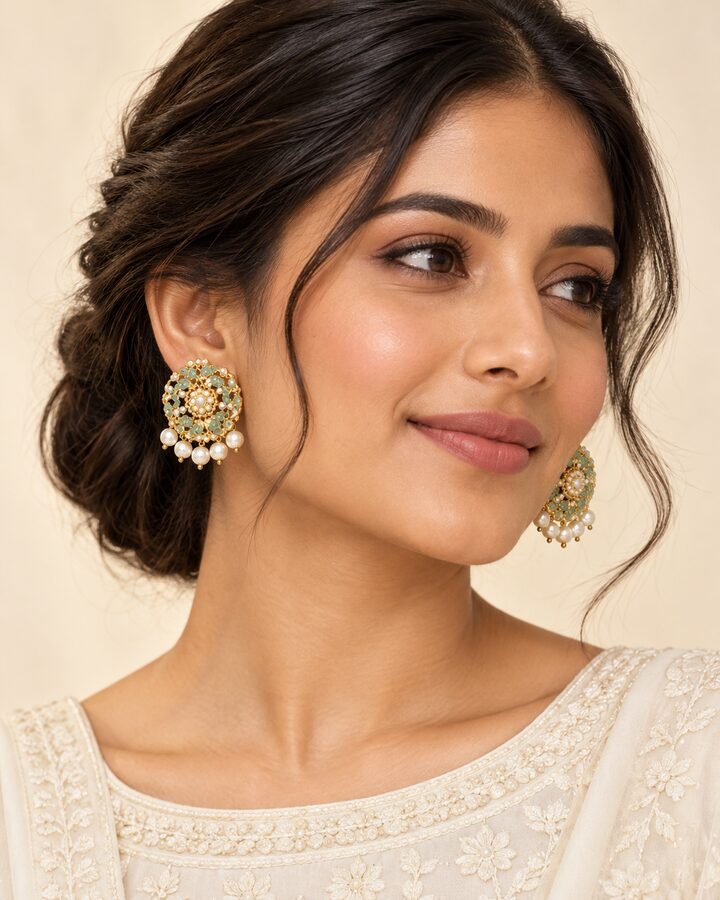 Mint and Blue Nauratan Stud Earrings worn view