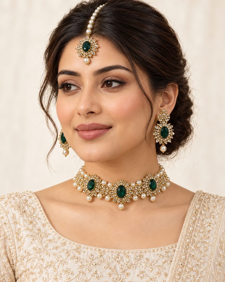 Green Embellished Jewellery Set worn view